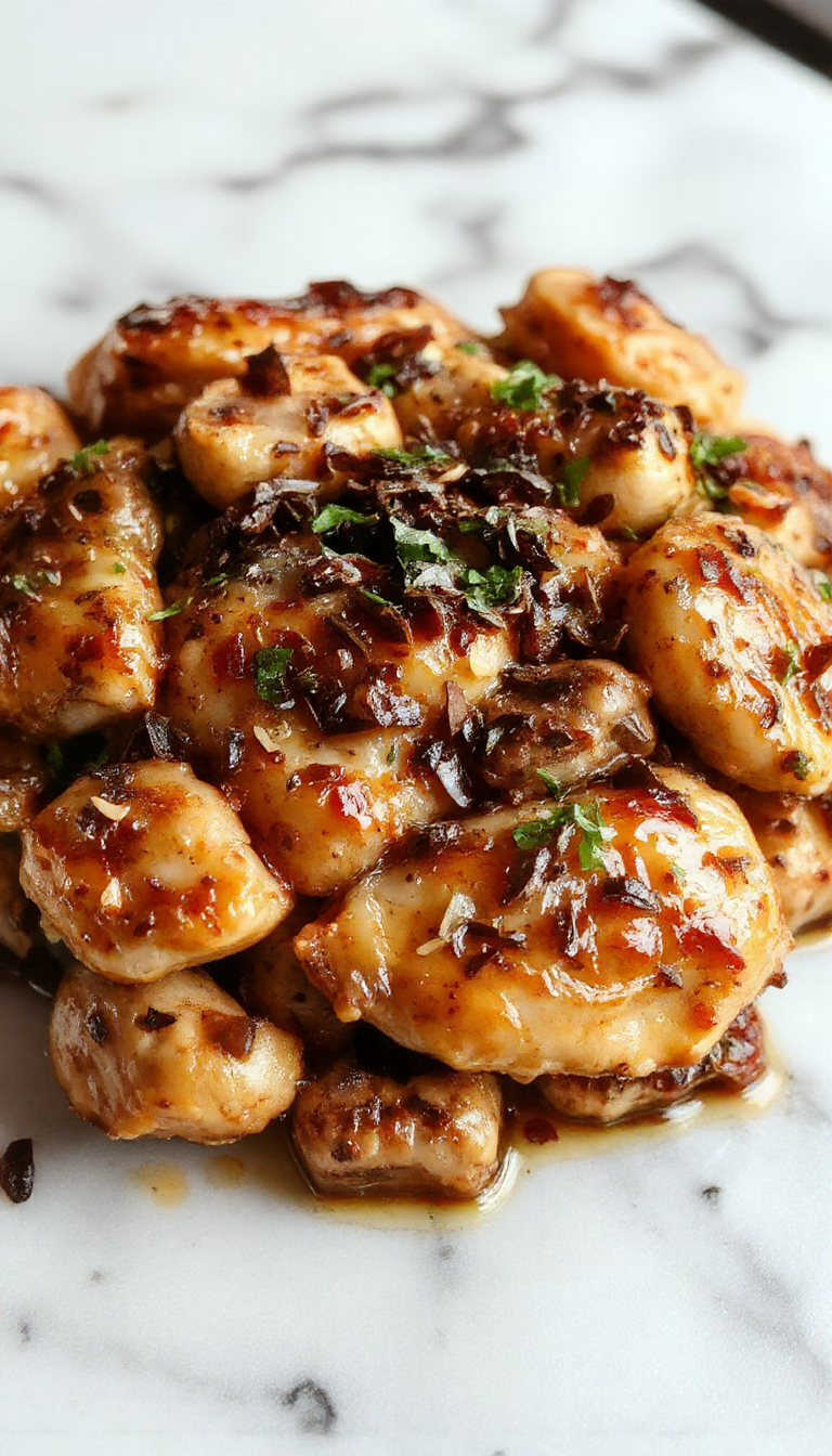 A glossy stir-fry dish featuring tender chicken pieces coated in a dark black pepper sauce, surrounded by sliced mushrooms and vibrant green garnishes, served on a chic white plate with sesame seeds sprinkled on top, garnished with chopped scallions.