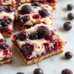 A close-up of blueberry cream cheese bars arranged on a white plate, showing their golden-brown crust topped with vibrant blue blueberries and creamy cheese filling. The bars are cut into neat squares, revealing layers of crust, filling, and fresh blueberries, with some blueberries slightly burst to release juice. The presentation is elegant, with a dusting of powdered sugar and a sprig of mint for garnish.