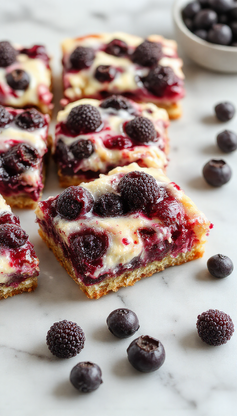 A close-up of blueberry cream cheese bars arranged on a white plate, showing their golden-brown crust topped with vibrant blue blueberries and creamy cheese filling. The bars are cut into neat squares, revealing layers of crust, filling, and fresh blueberries, with some blueberries slightly burst to release juice. The presentation is elegant, with a dusting of powdered sugar and a sprig of mint for garnish.