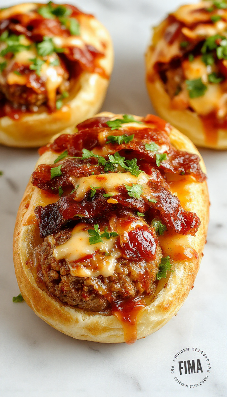 A close-up of a toasted sub sandwich filled with juicy meatballs topped with melted cheese, crispy bacon strips, fresh lettuce, and tomato slices, drizzled with a rich bourbon barbecue sauce, all spilling slightly over the crusty bread.