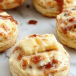 Golden-brown biscuits with melted butter pooled on top, served on a rustic white plate. The biscuits have a fluffy texture with a slightly crispy exterior, drizzled with buttery sauce, garnished with a sprig of fresh herbs.