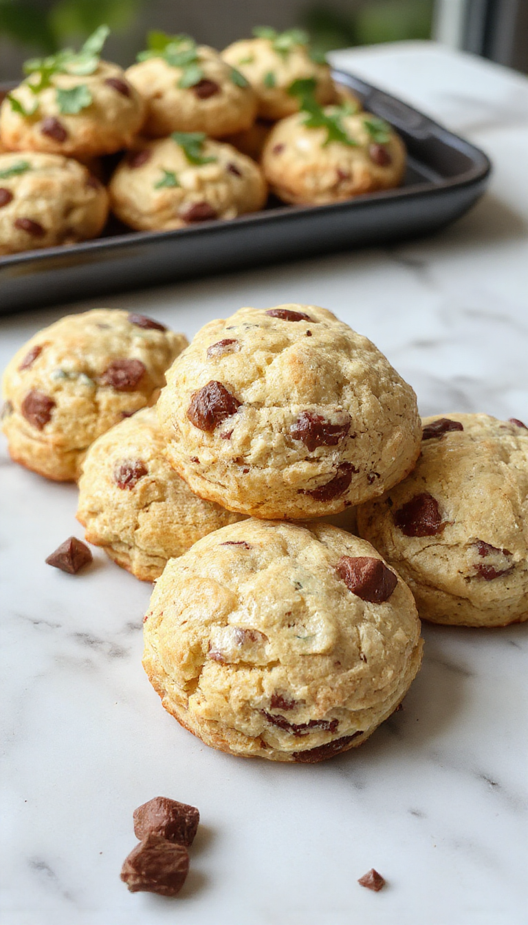 A close-up of golden-brown protein biscuits arranged on a rustic wooden plate, with visible textured surface and a few biscuits slightly broken to reveal a moist, dense interior. The background features a softly blurred breakfast setting with a coffee cup and fresh fruit.