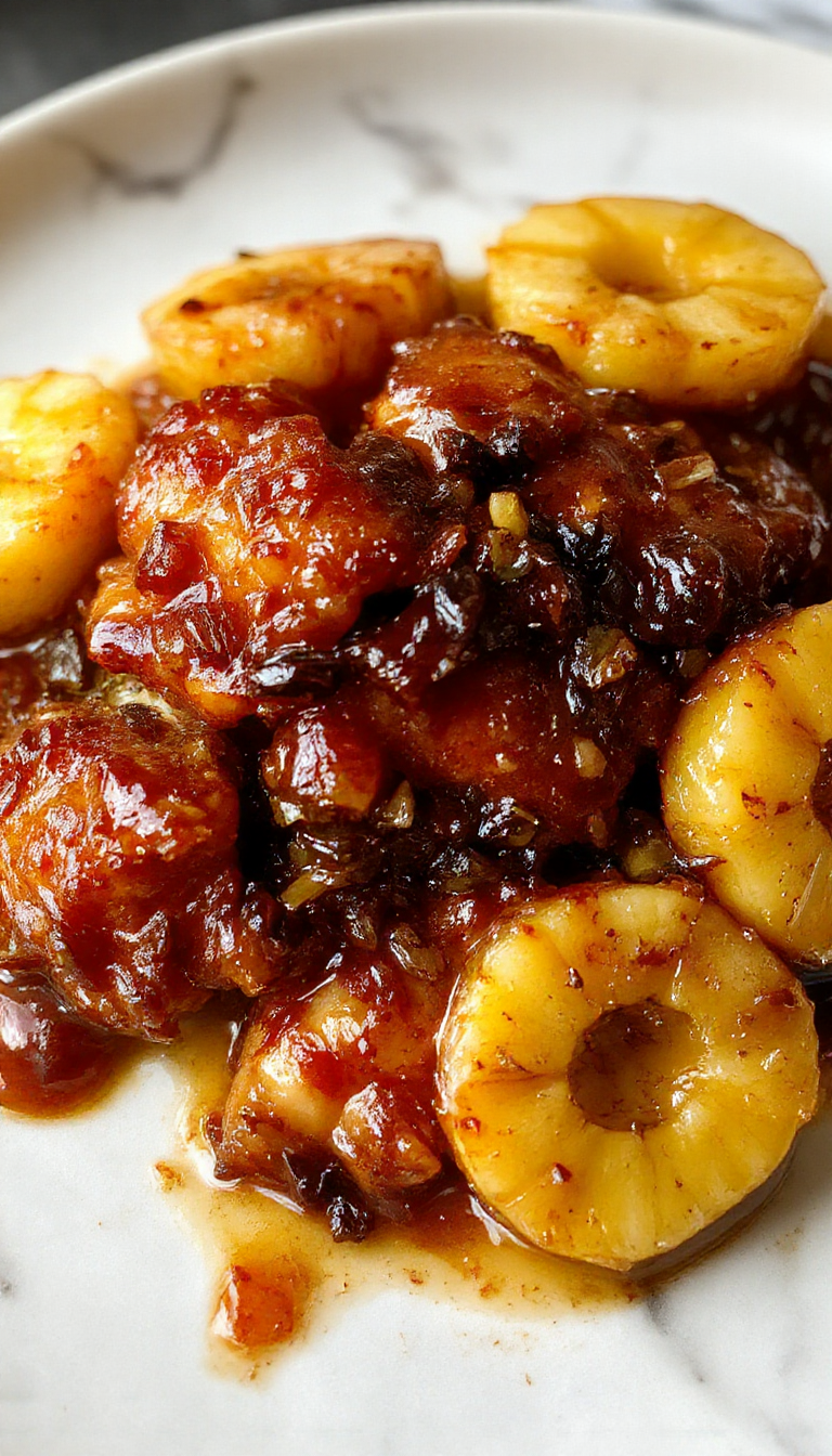 A close-up of a glazed baked chicken dish topped with golden-brown caramelized pineapple chunks, garnished with fresh herbs on a rustic wooden platter. The chicken has a glossy, caramelized coating with visible pineapple pieces reflecting light, and the vibrant yellow pineapple contrasts beautifully with the tender, juicy chicken. The presentation is inviting, emphasizing the sweet and savory glaze that coats the dish.