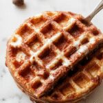 A golden-brown waffle topped with melted chocolate chunks and a dusting of powdered sugar, served on a white plate with fresh berries and a drizzle of caramel sauce. The waffle has a crispy exterior with a tender interior, showcasing its rich chocolate flavor and inviting texture.