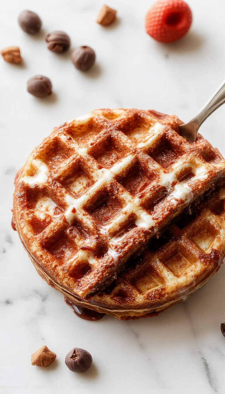 A golden-brown waffle topped with melted chocolate chunks and a dusting of powdered sugar, served on a white plate with fresh berries and a drizzle of caramel sauce. The waffle has a crispy exterior with a tender interior, showcasing its rich chocolate flavor and inviting texture.