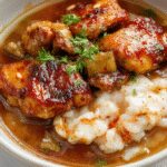 A close-up of caramelised soy chicken pieces glazed with a rich, dark sauce sitting atop fluffy white rice, garnished with chopped green onions and sesame seeds. The dish is presented on a rustic ceramic plate with a glossy sheen highlighting the caramelisation, surrounded by a vibrant, aromatic garlic ginger broth with slices of chicken, garlic, and ginger visible, creating an inviting and hearty culinary scene.
