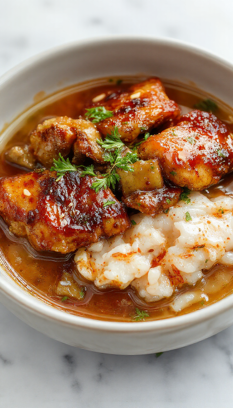 A close-up of caramelised soy chicken pieces glazed with a rich, dark sauce sitting atop fluffy white rice, garnished with chopped green onions and sesame seeds. The dish is presented on a rustic ceramic plate with a glossy sheen highlighting the caramelisation, surrounded by a vibrant, aromatic garlic ginger broth with slices of chicken, garlic, and ginger visible, creating an inviting and hearty culinary scene.