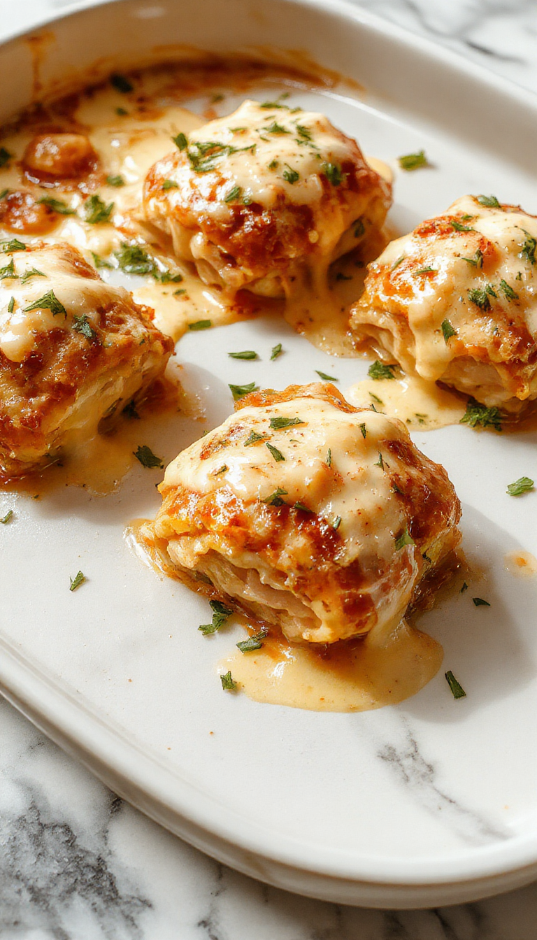 A close-up of cheesy chicken Alfredo lasagna rolls plated on a rustic white dish, topped with golden melted cheese and garnished with chopped parsley, with a side of fresh green salad. The rolls reveal layers of creamy Alfredo sauce, tender chicken, and pasta, all beautifully arranged in a neat row on the table.