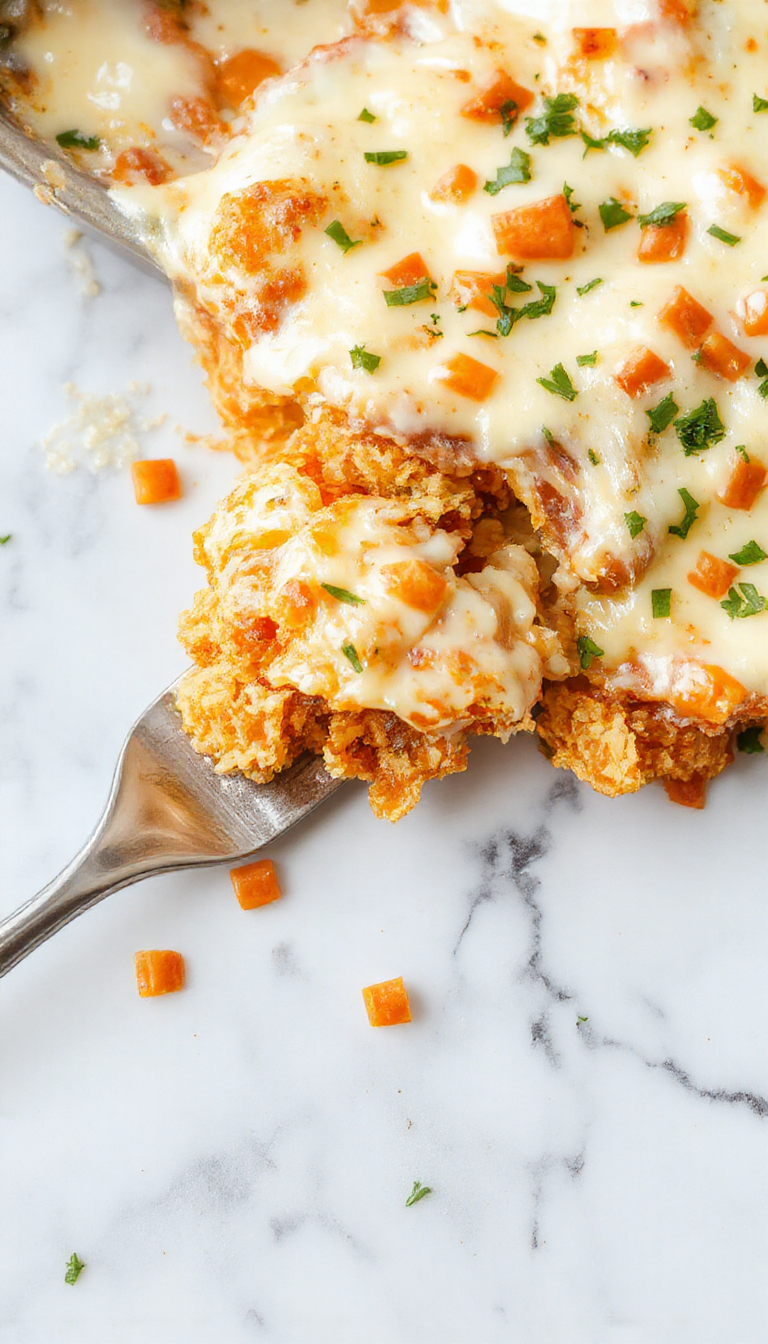 A golden-brown cheesy Dorito casserole sliced open to reveal a layers of melted cheese, seasoned ground beef, and crispy crunchy Doritos on top, garnished with fresh herbs, presented in a rustic baking dish with a cheesy, flaky crust and vibrant toppings.