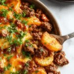 A golden-brown cheesy ground beef and potato casserole served in a rustic white baking dish. The top is bubbly with melted cheese, decorated with chopped herbs and slices of cooked potatoes, with a side of fresh green garnish and a spoon resting on the edge.