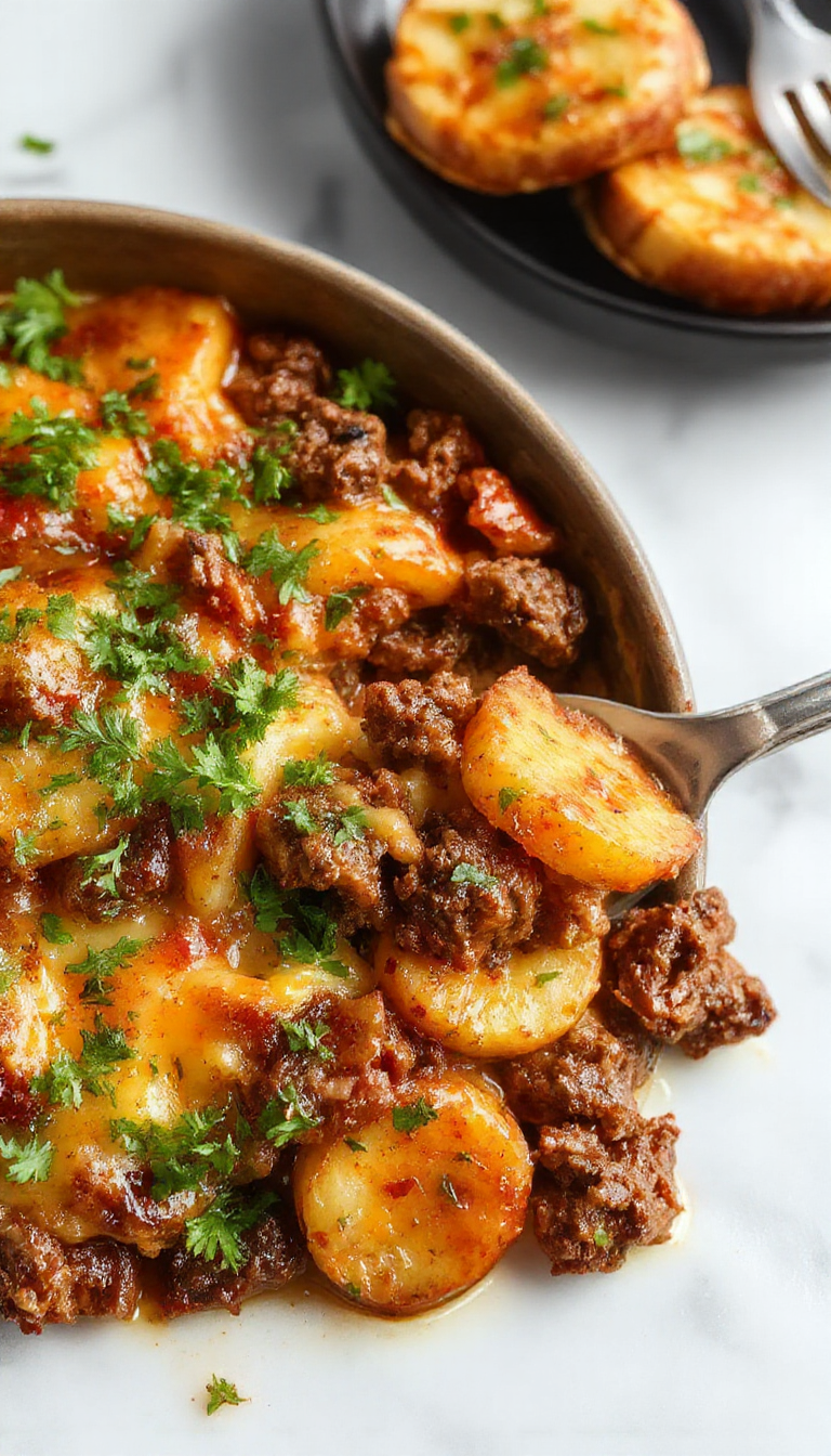 A golden-brown cheesy ground beef and potato casserole served in a rustic white baking dish. The top is bubbly with melted cheese, decorated with chopped herbs and slices of cooked potatoes, with a side of fresh green garnish and a spoon resting on the edge.