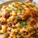 A savory cheesy ground beef rice casserole served in a baking dish, topped with melted golden cheese and garnished with fresh herbs. The casserole reveals a layered mixture of tender ground beef, fluffy rice, and bubbling cheese, with a crispy crust on top.