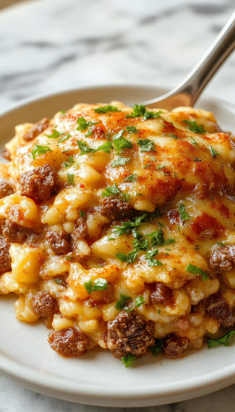 A savory cheesy ground beef rice casserole served in a baking dish, topped with melted golden cheese and garnished with fresh herbs. The casserole reveals a layered mixture of tender ground beef, fluffy rice, and bubbling cheese, with a crispy crust on top.