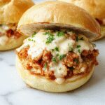 A close-up of a creamy chicken Alfredo sloppy joe sandwich resting on a rustic wooden plate. The sandwich showcases a soft hoagie roll filled with tender ground chicken coated in a rich, white Alfredo sauce, topped with a sprinkle of freshly grated Parmesan and chopped parsley. The background features a blurred cozy kitchen setting with a bowl of extra Alfredo sauce and fresh herbs nearby.