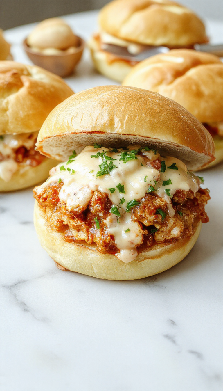 A close-up of a creamy chicken Alfredo sloppy joe sandwich resting on a rustic wooden plate. The sandwich showcases a soft hoagie roll filled with tender ground chicken coated in a rich, white Alfredo sauce, topped with a sprinkle of freshly grated Parmesan and chopped parsley. The background features a blurred cozy kitchen setting with a bowl of extra Alfredo sauce and fresh herbs nearby.