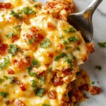 A golden baked chicken burrito casserole topped with melted cheese, garnished with fresh cilantro and sliced jalapenos, served in a rustic baking dish with a spoon.