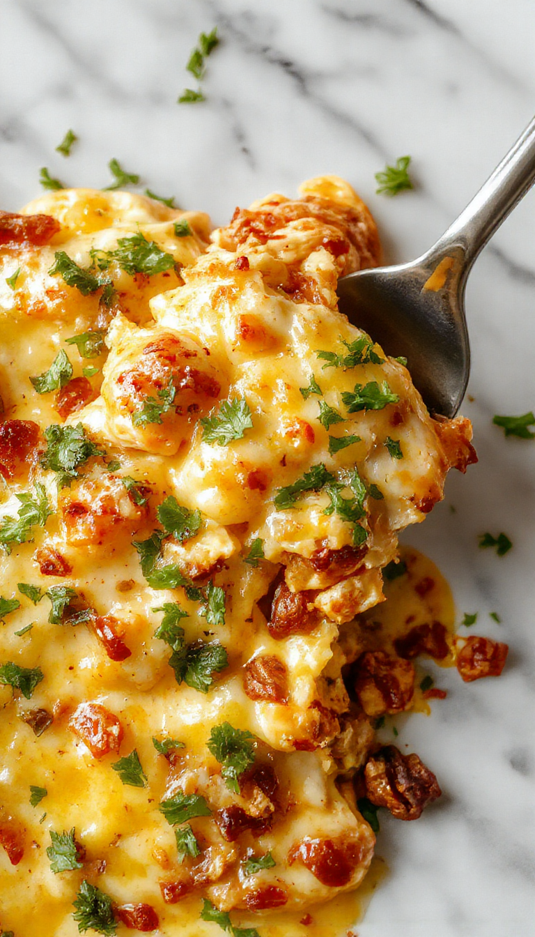 A golden baked chicken burrito casserole topped with melted cheese, garnished with fresh cilantro and sliced jalapenos, served in a rustic baking dish with a spoon.