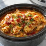 A steaming bowl of chicken enchilada casserole topped with melted cheese, garnished with fresh cilantro and sliced jalapenos, arranged on a rustic wooden table with a side of tortilla chips and vibrant salsa, colorful ingredients and textured dish emphasizing comfort and homestyle appeal.