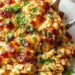 A golden-brown baked casserole dish with bubbling melted cheese on top, garnished with chopped fresh cilantro and slices of red and green bell peppers. The casserole is served on a rustic wooden table with a side of fresh salsa and sour cream visible nearby. The dish shows layers of tender chicken, seasoned Mexican rice, and enriched with a crispy cheese crust.