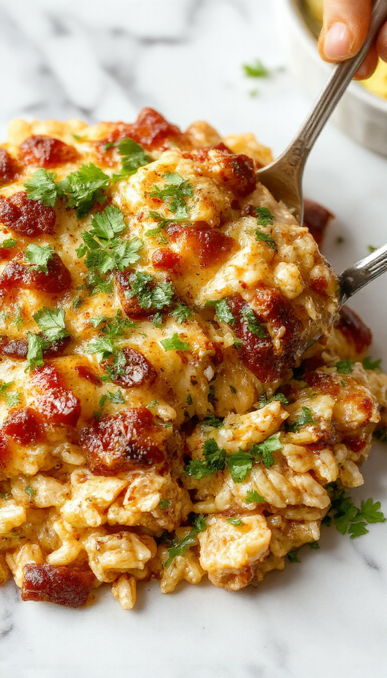A golden-brown baked casserole dish with bubbling melted cheese on top, garnished with chopped fresh cilantro and slices of red and green bell peppers. The casserole is served on a rustic wooden table with a side of fresh salsa and sour cream visible nearby. The dish shows layers of tender chicken, seasoned Mexican rice, and enriched with a crispy cheese crust.