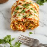 Plate of golden-brown chicken enchiladas topped with melted cheese, garnished with fresh cilantro and sliced jalapeños, served on a vibrant ceramic plate with a colorful Mexican tablecloth background.