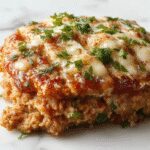 A sliced chicken meatloaf garnished with fresh herbs, showcasing a golden-brown crust with a creamy garlic parmesan topping, served on a rustic white plate