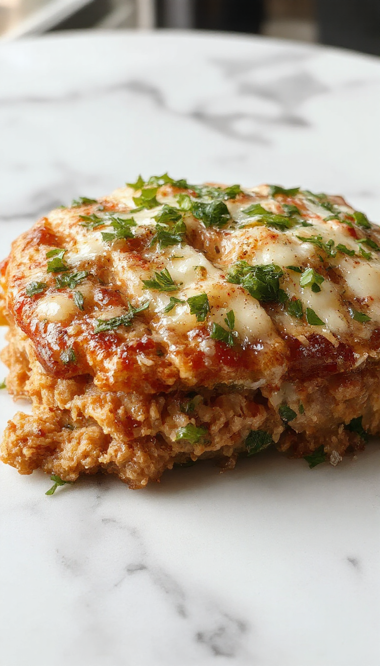 A sliced chicken meatloaf garnished with fresh herbs, showcasing a golden-brown crust with a creamy garlic parmesan topping, served on a rustic white plate