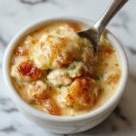 A steaming bowl of Chicken Pot Pie Soup garnished with fresh herbs, featuring chunks of tender chicken, carrots, peas, and a flaky pie crust topping in a rustic bowl.