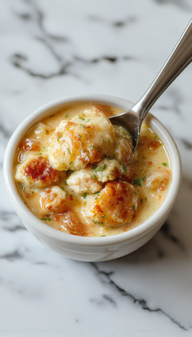 A steaming bowl of Chicken Pot Pie Soup garnished with fresh herbs, featuring chunks of tender chicken, carrots, peas, and a flaky pie crust topping in a rustic bowl.