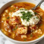 A vibrant bowl of Chicken Taco Soup garnished with fresh cilantro, shredded cheese, and a dollop of sour cream. The soup has a rich, hearty consistency with chunks of chicken, vegetables, and melted cheese visible. The bowl is placed on a rustic wooden table, with a side of tortilla chips and a slice of lime adding color and texture to the scene.