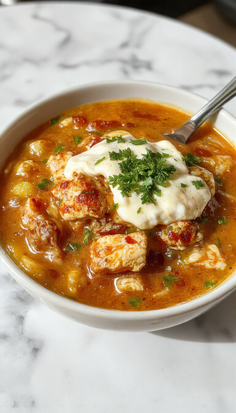 A vibrant bowl of Chicken Taco Soup garnished with fresh cilantro, shredded cheese, and a dollop of sour cream. The soup has a rich, hearty consistency with chunks of chicken, vegetables, and melted cheese visible. The bowl is placed on a rustic wooden table, with a side of tortilla chips and a slice of lime adding color and texture to the scene.
