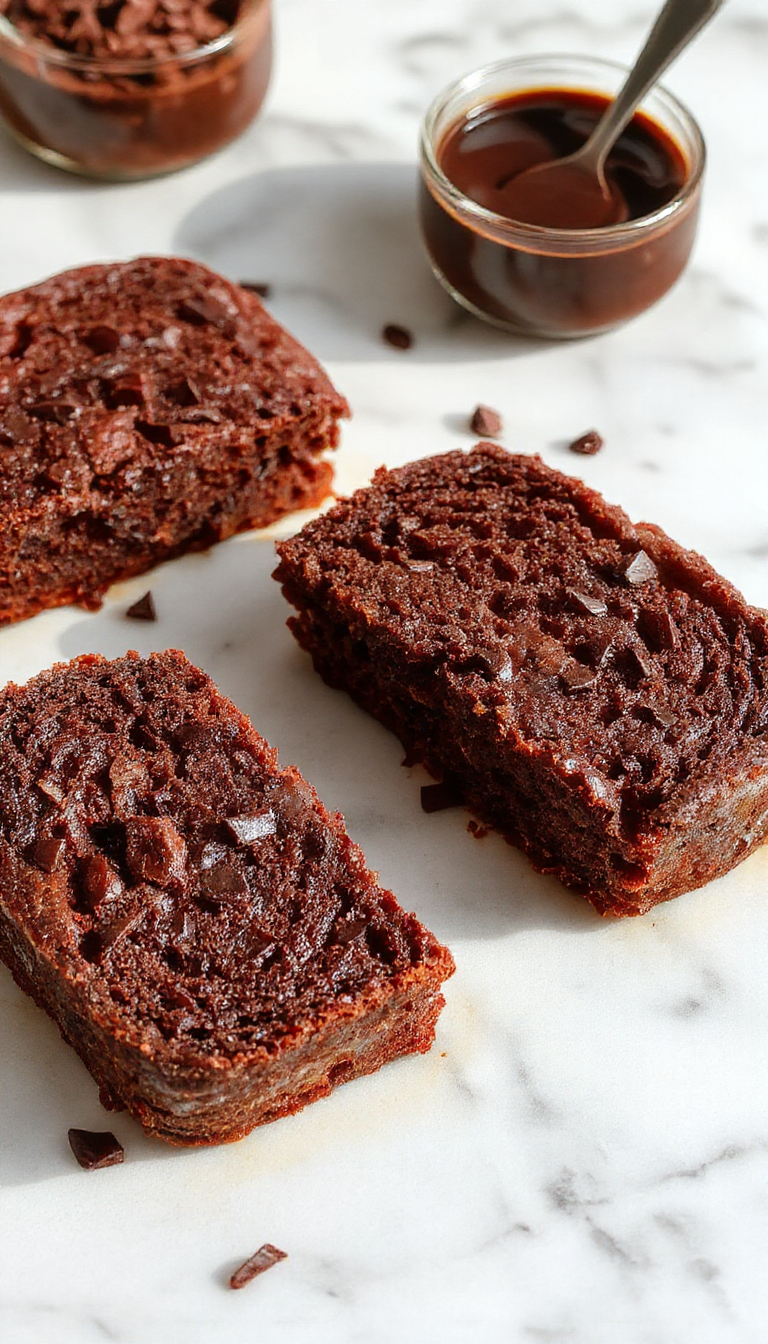 A golden-brown loaf of chocolate espresso banana bread sits on a rustic wooden surface. The top is sprinkled with dark chocolate chips and a light dusting of powdered sugar, with slices slightly fanned out revealing a moist, dense interior flecked with chocolate chunks and banana pieces. The warm tones and inviting texture make it look both decadent and comforting.