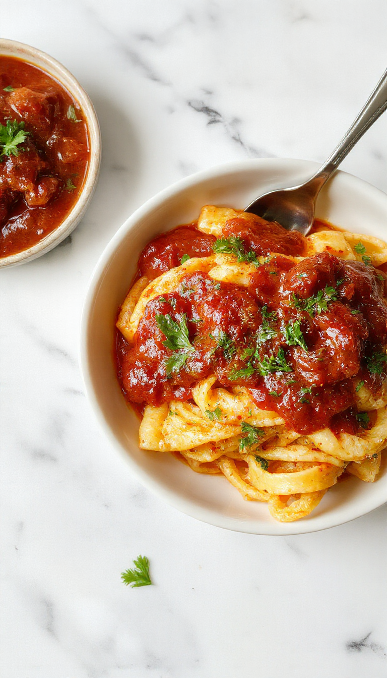 A close-up of a rustic white plate filled with vibrant, steaming spaghetti coated in rich, crimson tomato sauce garnished with fresh basil leaves, surrounded by various ingredients like garlic cloves, olive oil, and grated cheese on a wooden table.