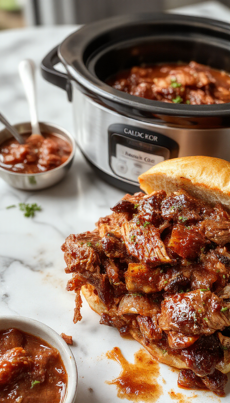 A close-up of tender, shredded BBQ pulled pork served on a rustic white plate, topped with a drizzle of smoky sauce, garnished with chopped fresh herbs. The pork has a juicy, moist texture with visible grill marks and a rich, reddish-brown color. The presentation is inviting, highlighting the savory appeal of slow-cooked BBQ pork.