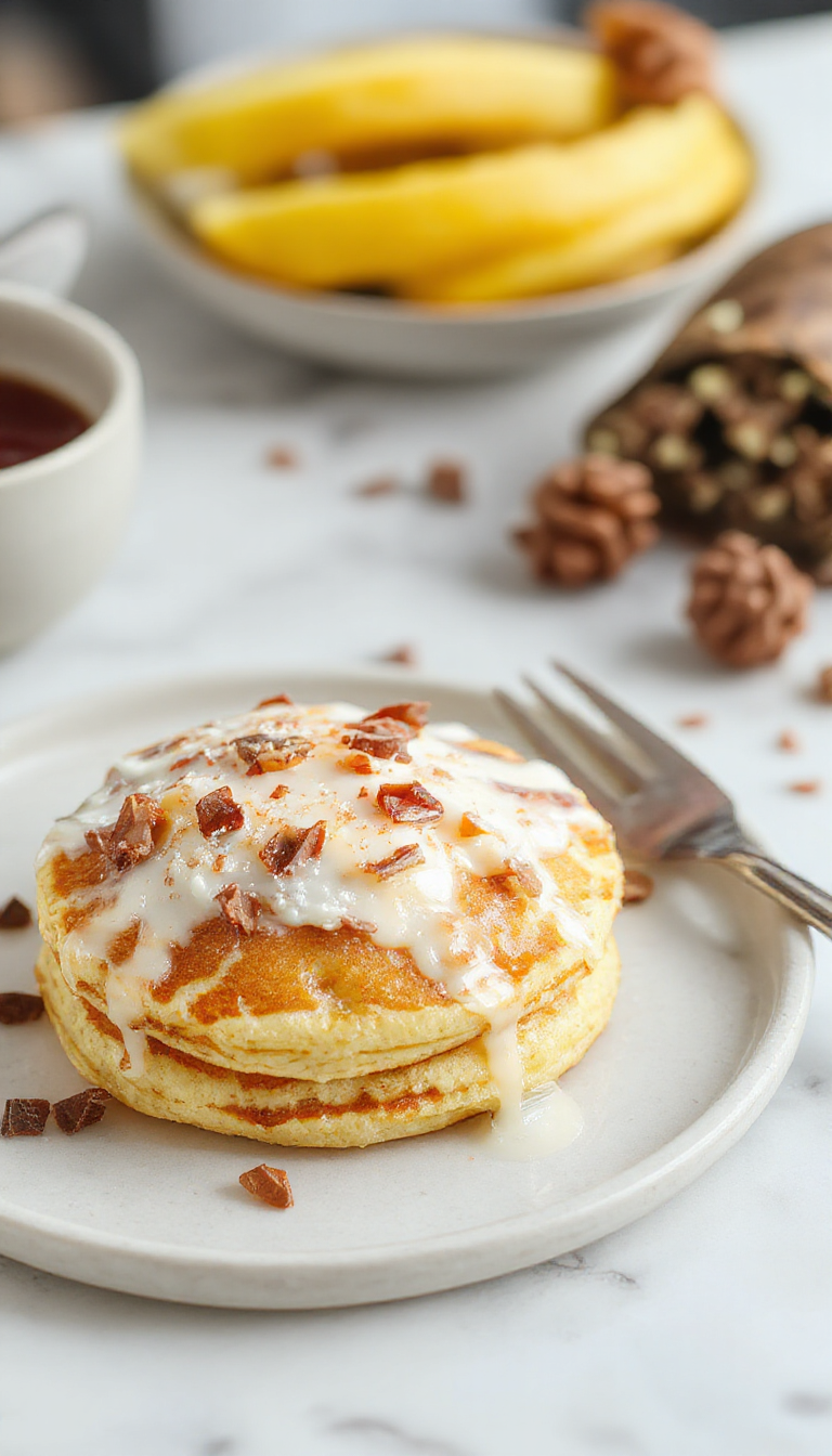 A stack of fluffy coconut cream pancakes topped with a drizzle of coconut syrup, garnished with shredded coconut and fresh berries on a white plate, with a golden brown exterior and soft, airy interior visible from the side.