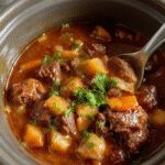 A hearty serving of beef stew in a rustic ceramic bowl garnished with fresh parsley, showcasing tender beef chunks, carrots, potatoes, and onions in a rich brown broth. The bowl is placed on a wooden table with a folded cloth napkin and a slice of crusty bread in the background, highlighting the comforting and homely ambiance.