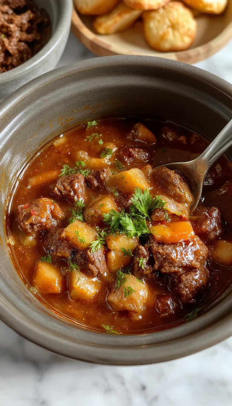 A hearty serving of beef stew in a rustic ceramic bowl garnished with fresh parsley, showcasing tender beef chunks, carrots, potatoes, and onions in a rich brown broth. The bowl is placed on a wooden table with a folded cloth napkin and a slice of crusty bread in the background, highlighting the comforting and homely ambiance.