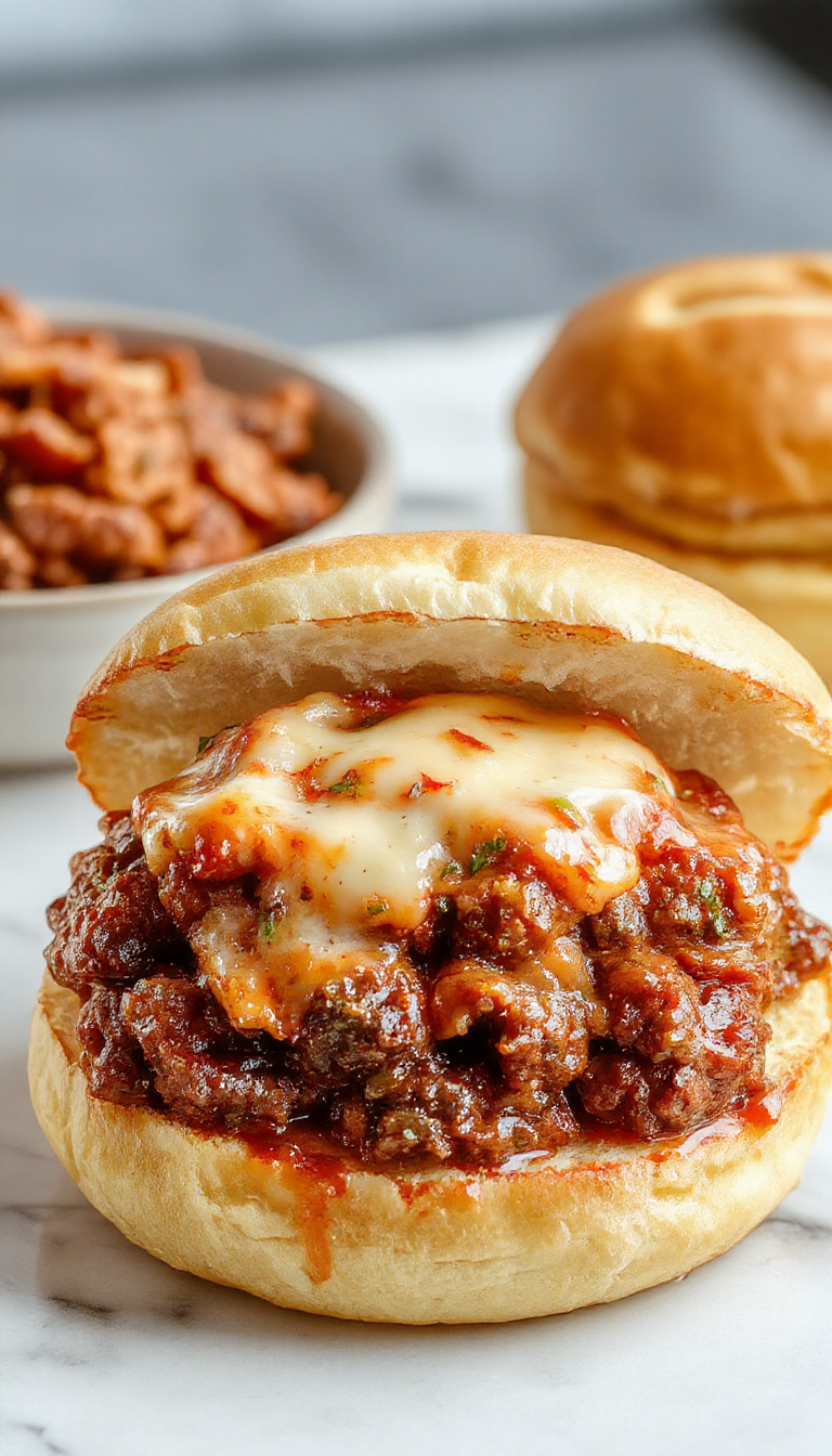 A close-up of a rustic plate featuring a generous serving of French Onion Beef Sloppy Joes topped with melted cheese, golden caramelized onions, and fresh herbs on a toasted bun. The sandwich is open-faced, showcasing gooey cheese stretching as a bite is taken, with a background of a wooden table and a small bowl of extra onions.