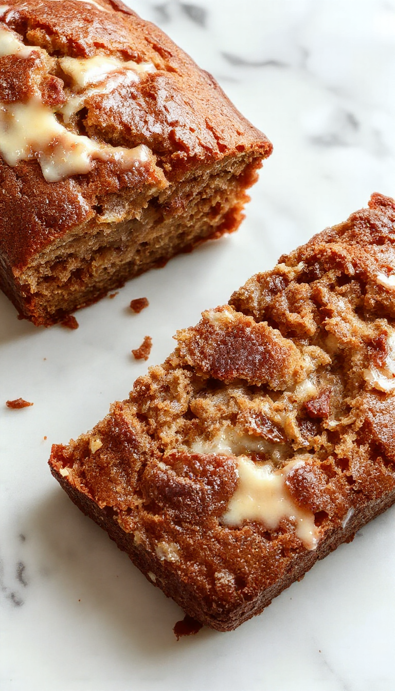 A slice of moist banana bread topped with a swirl of butter on a rustic wooden plate, with banana slices and a sprig of mint beside it, spotlighted with soft natural light