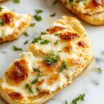 A close-up of a golden-brown cottage cheese flatbread topped with fresh herbs and sesame seeds, sliced to reveal a soft, chewy interior, served on a rustic white plate.