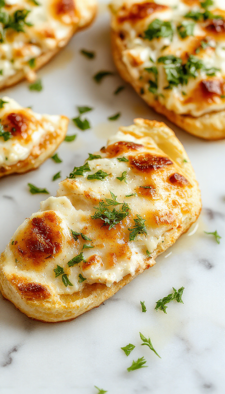 A close-up of a golden-brown cottage cheese flatbread topped with fresh herbs and sesame seeds, sliced to reveal a soft, chewy interior, served on a rustic white plate.