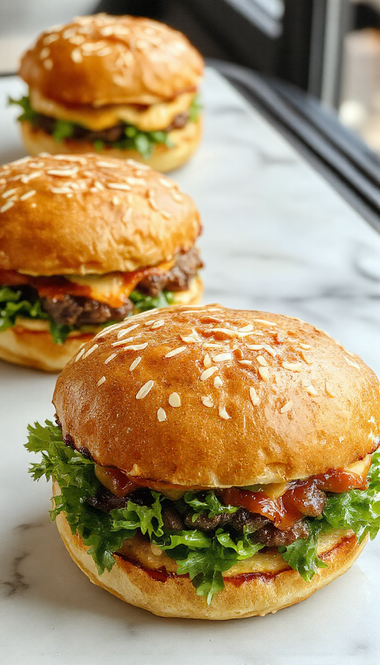 A close-up of a juicy grilled burger patty nestled in a toasted sesame seed bun topped with fresh lettuce, ripe tomato slices, melted cheese, and pickles, with a side of crispy golden fries on a rustic wooden plate.