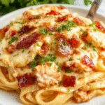 A serving of creamy chicken bacon ranch pasta on a white plate, topped with crispy bacon bits and green garnishes. The pasta is coated in a rich, creamy sauce with tender chicken pieces and sprinkled with herbs, with a rustic wooden table background.