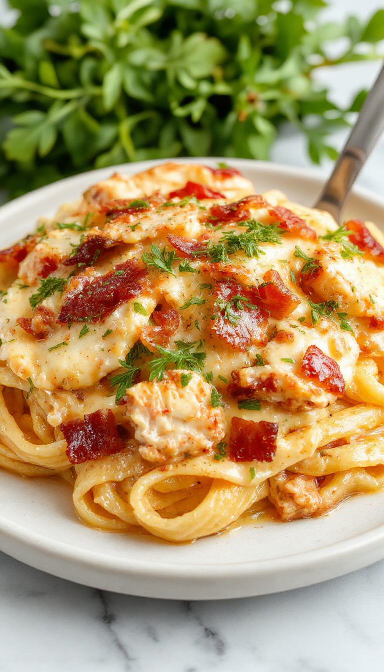A serving of creamy chicken bacon ranch pasta on a white plate, topped with crispy bacon bits and green garnishes. The pasta is coated in a rich, creamy sauce with tender chicken pieces and sprinkled with herbs, with a rustic wooden table background.