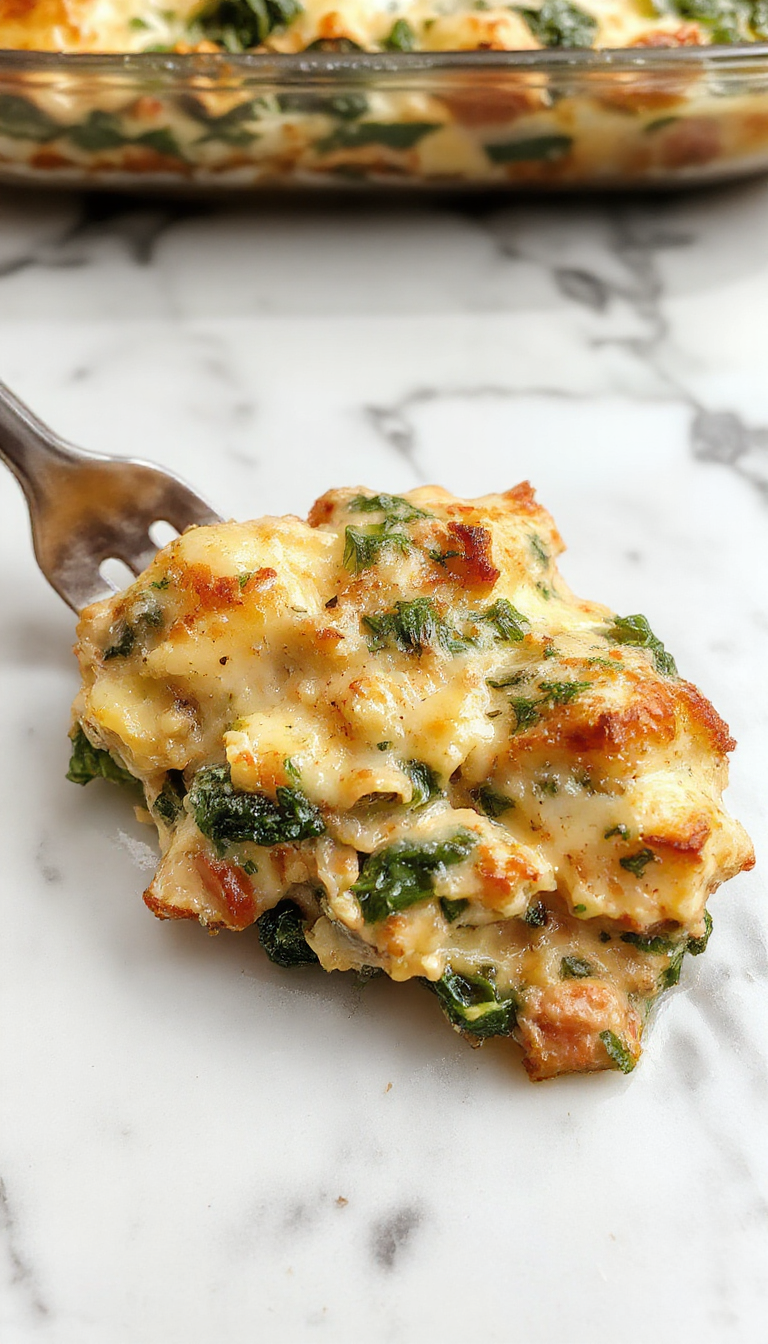 A creamy chicken and spinach casserole in a rustic oval dish, topped with melted cheese and fresh basil leaves. The dish showcases golden-brown edges, vibrant green spinach, tender chicken chunks, and a smooth, cheesy sauce, presented on a wooden table with a fork and a side of crusty bread.