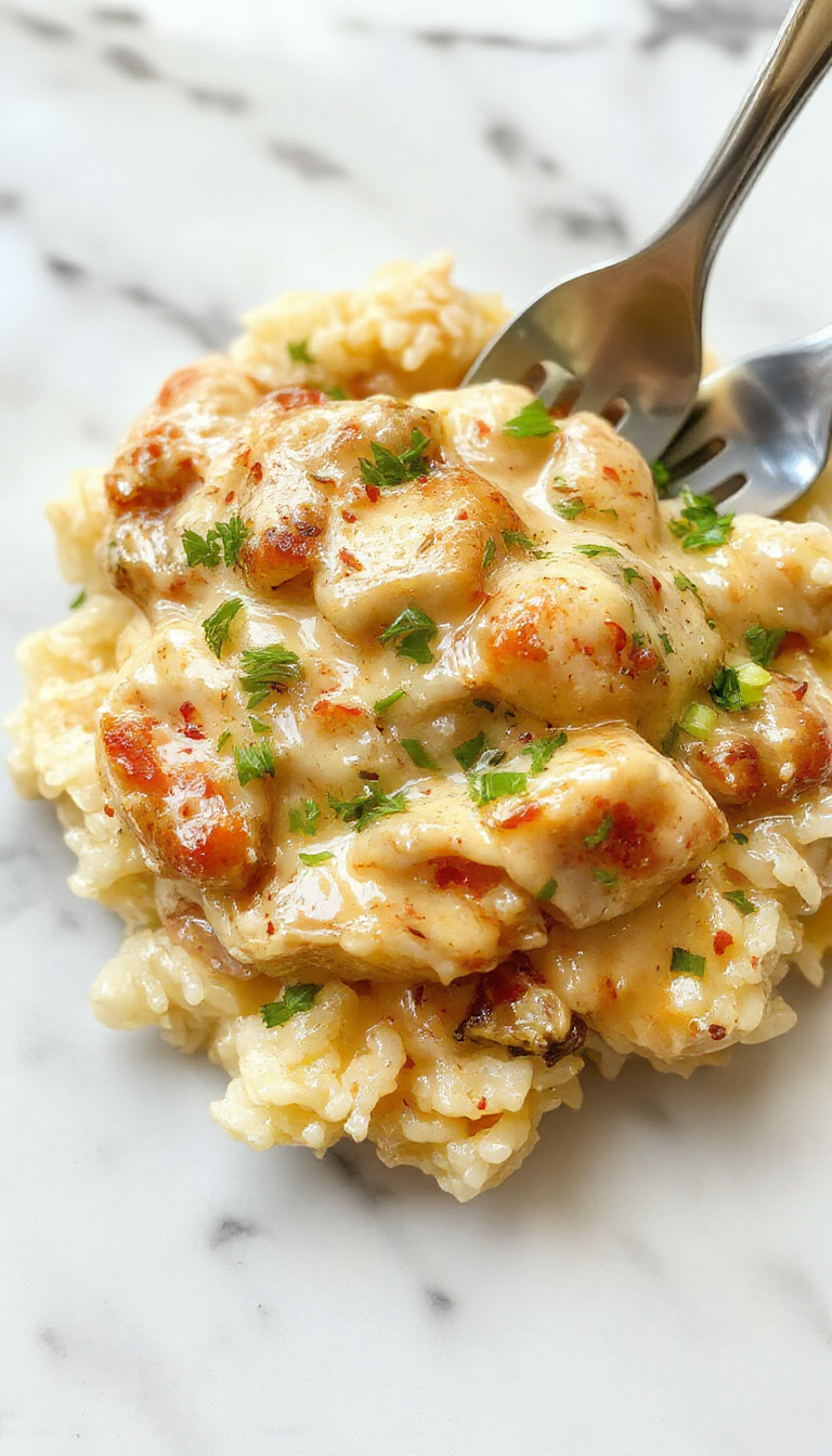 A close-up of a creamy, golden-brown chicken breast smothered in rich sauce, served atop a bed of fluffy rice with garnishes of fresh herbs and vegetables, set on a rustic plate with a vibrant background.