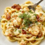 A close-up of a serving bowl filled with creamy garlic parmesan chicken pasta. The pasta is coated in a rich, white sauce with visible flecks of herbs. Sliced chicken breast pieces are nestled among the pasta, topped with freshly grated parmesan cheese and chopped green parsley. The background features a rustic wooden table, with a fork twirling some of the noodles, capturing a warm, inviting atmosphere.