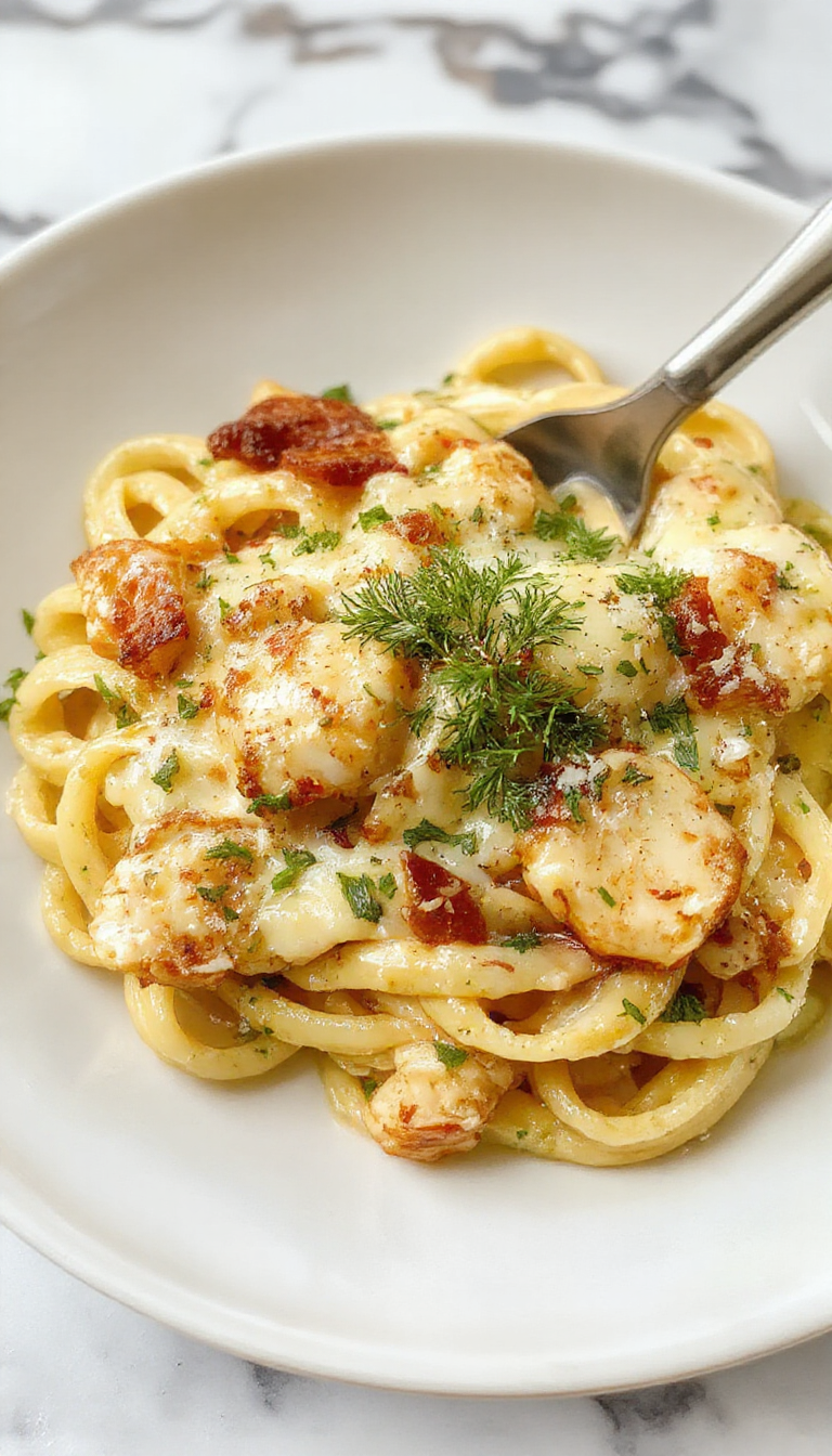 A close-up of a serving bowl filled with creamy garlic parmesan chicken pasta. The pasta is coated in a rich, white sauce with visible flecks of herbs. Sliced chicken breast pieces are nestled among the pasta, topped with freshly grated parmesan cheese and chopped green parsley. The background features a rustic wooden table, with a fork twirling some of the noodles, capturing a warm, inviting atmosphere.