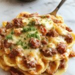 A close-up of a bowl of creamy parmesan beef rigatoni pasta, featuring al dente rigatoni coated in a rich, creamy sauce with visible bits of seasoned ground beef and grated parmesan cheese. The dish is garnished with fresh parsley, with a rustic wooden table background adding warmth and contrast.