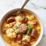 A warm, inviting bowl of creamy Italian sausage and ditalini soup garnished with fresh parsley, featuring a rich, velvety texture with chunks of sausage and noodles, topped with a sprinkle of grated Parmesan cheese, surrounded by rustic bread and herbs on a wooden table.